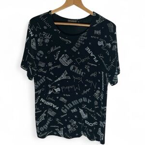 V6 Black Graphic Paris Milan Blouse with White Print